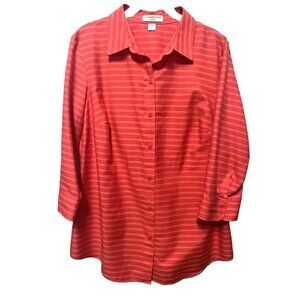 Coldwater Creek No Iron Shirt Women XL 16 Button Up Coral Pink Stripe 3/4 Sleeve